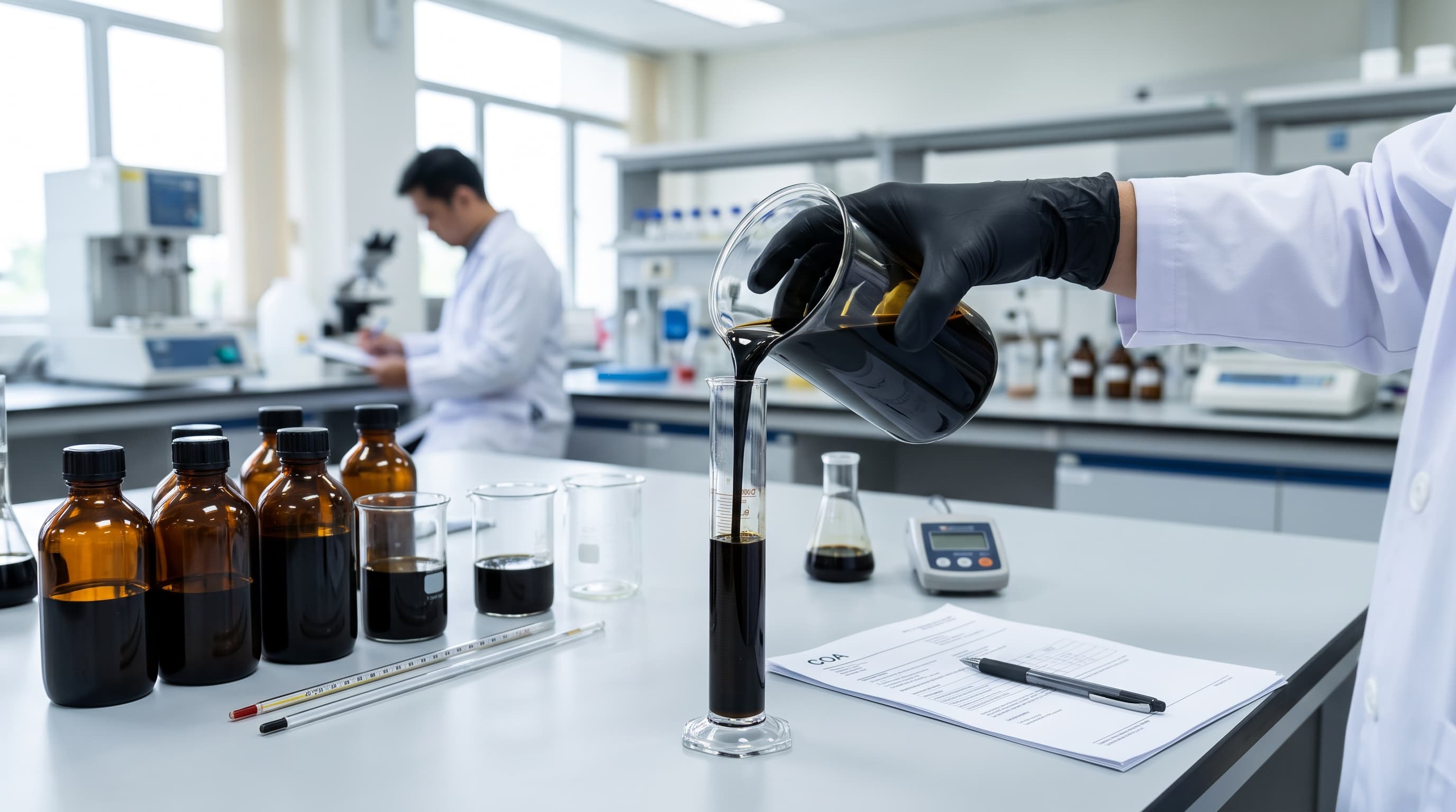 Pengujian mutu sampel Rubber Compound Oil (RCO) dan verifikasi lembar CoA di laboratorium industri